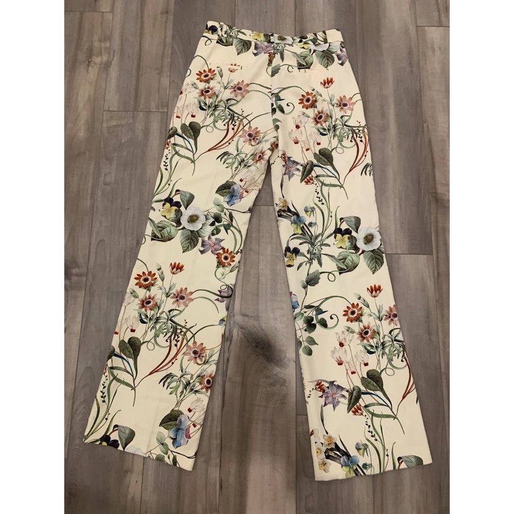 Zara Women Cream Floral Wide Leg Trouser Pant Size L - Picture 3 of 11